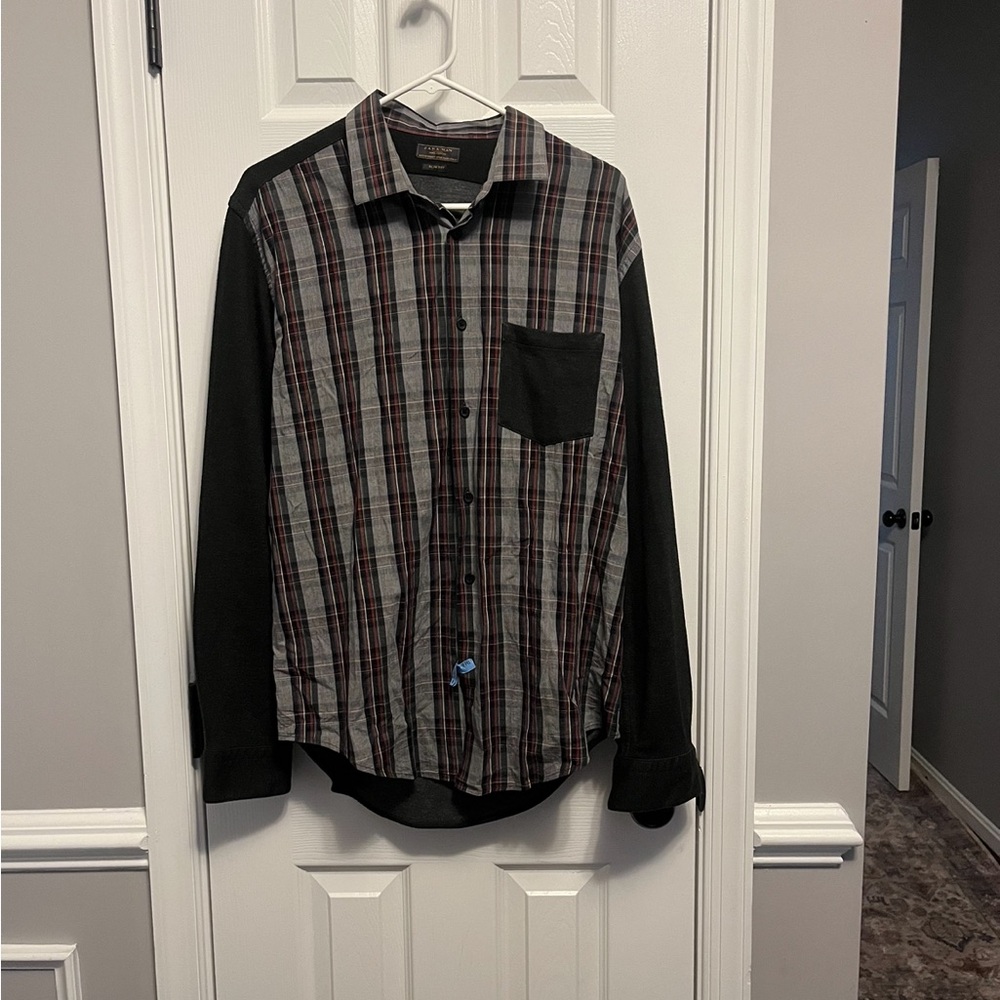 Zara Men’s Plaid on the front but the sleeves & back are solid black XL slim fit